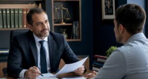 Advogado trabalhista atendendo cliente sobre rescisão e direitos trabalhistas em Jundiaí